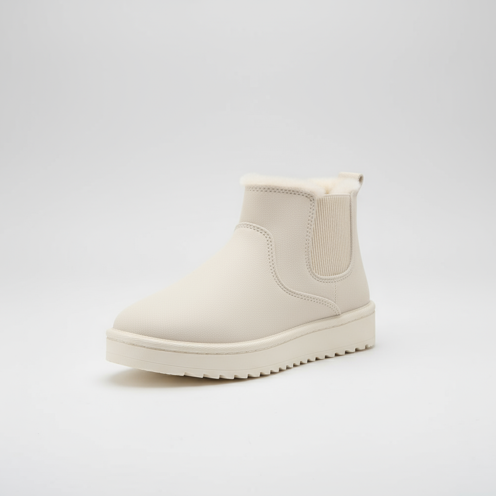 White Chelsea boot on a light gray background