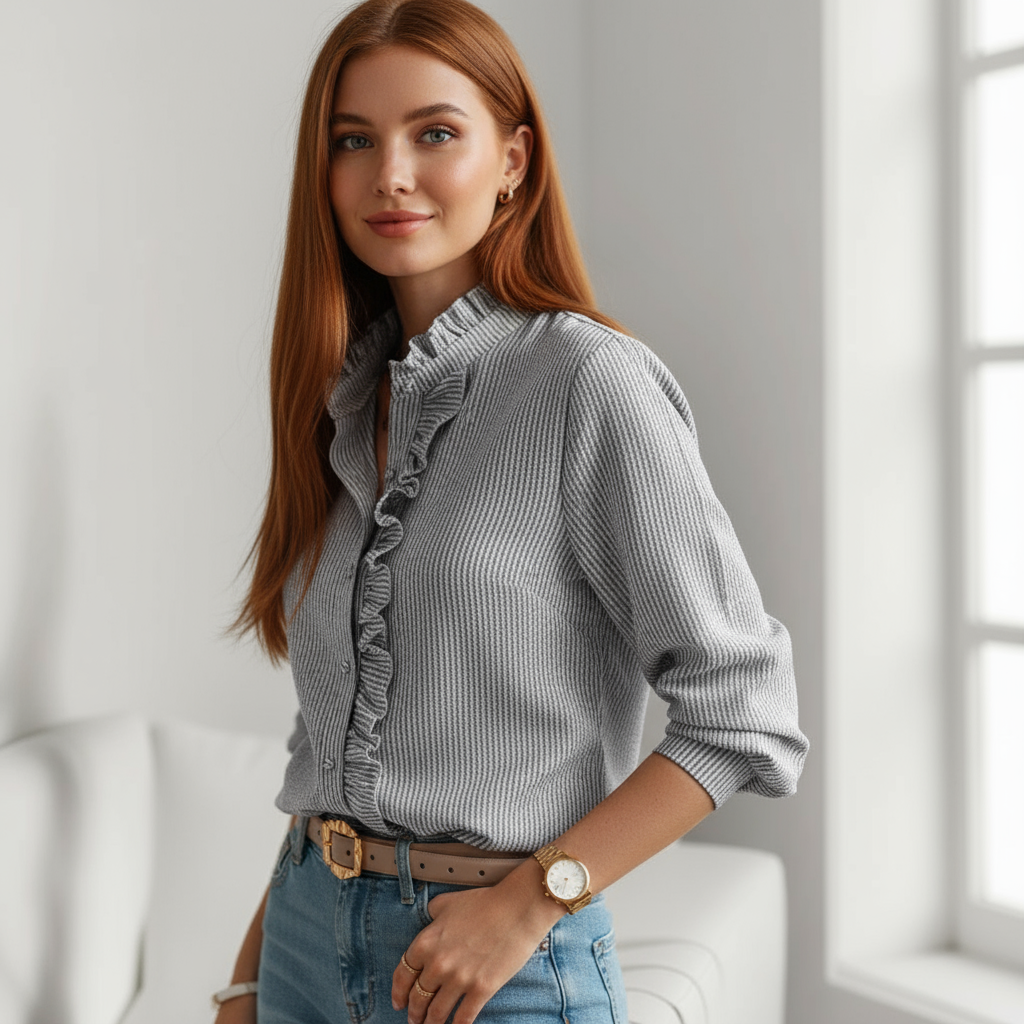Woman wearing a gray ruffled sweater and blue jeans indoors.