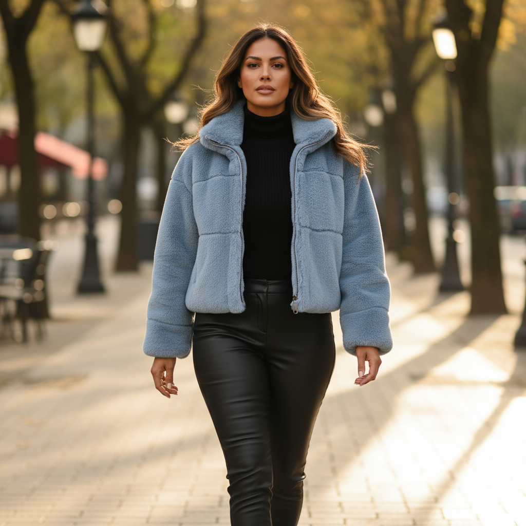 Woman wearing a blue coat walking on a tree-lined street.
