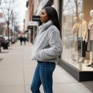 Woman wearing a gray puffer jacket and blue jeans standing on a city street with a store window in the background.