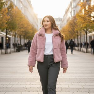 Woman wearing a pink puffer jacket walking on a city street with trees and buildings in the background.