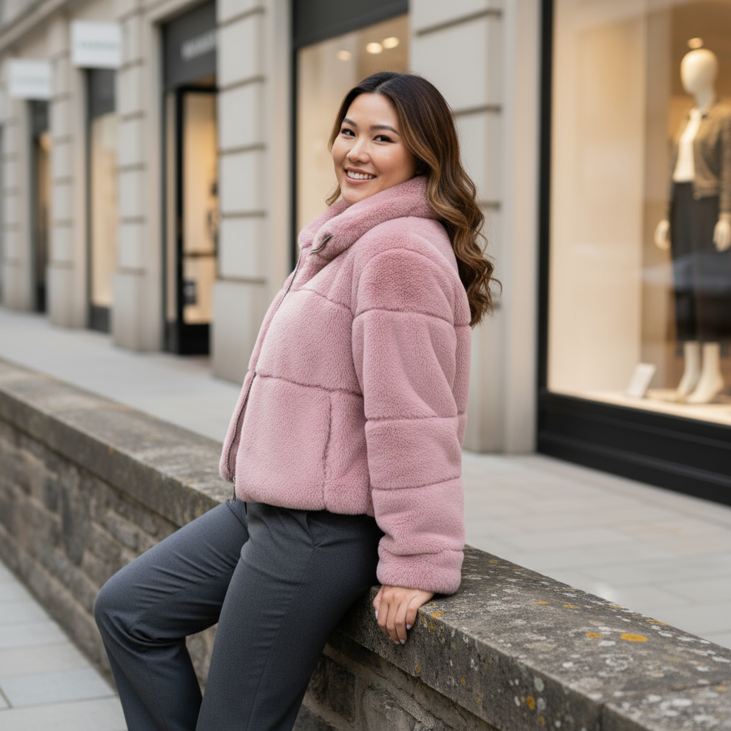 Woman in a pink coat sitting on a ledge in front of a store window