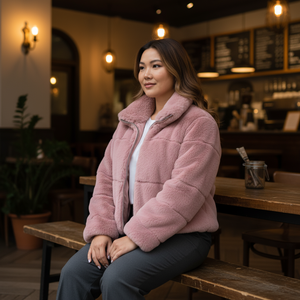 Woman in a pink coat sitting at a table in a cozy indoor setting