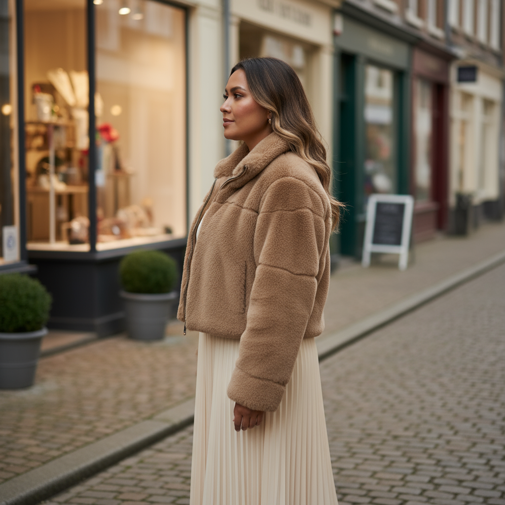 Woman in a beige coat standing on a street with shops in the background