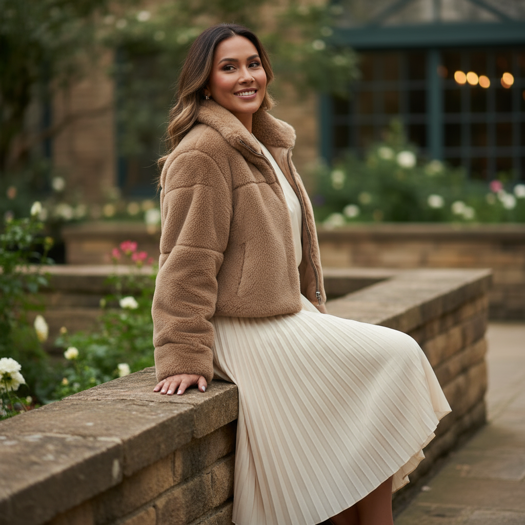 Woman in a brown coat and white dress sitting on a stone wall in a garden.