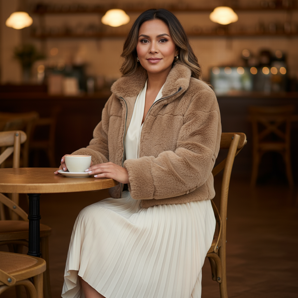 Woman sitting at a table in a cozy café holding a cup.