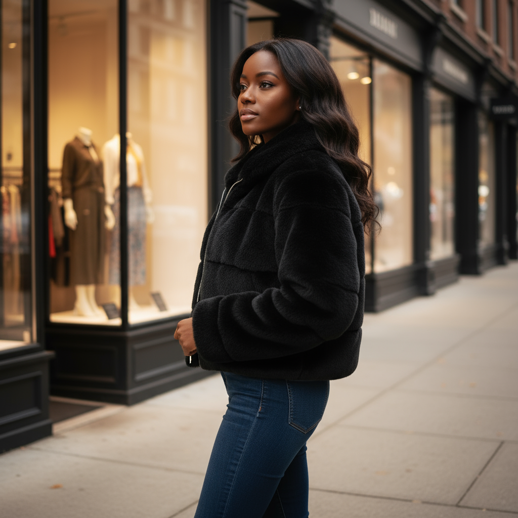 Woman in a black jacket and blue jeans walking on a sidewalk with store windows in the background