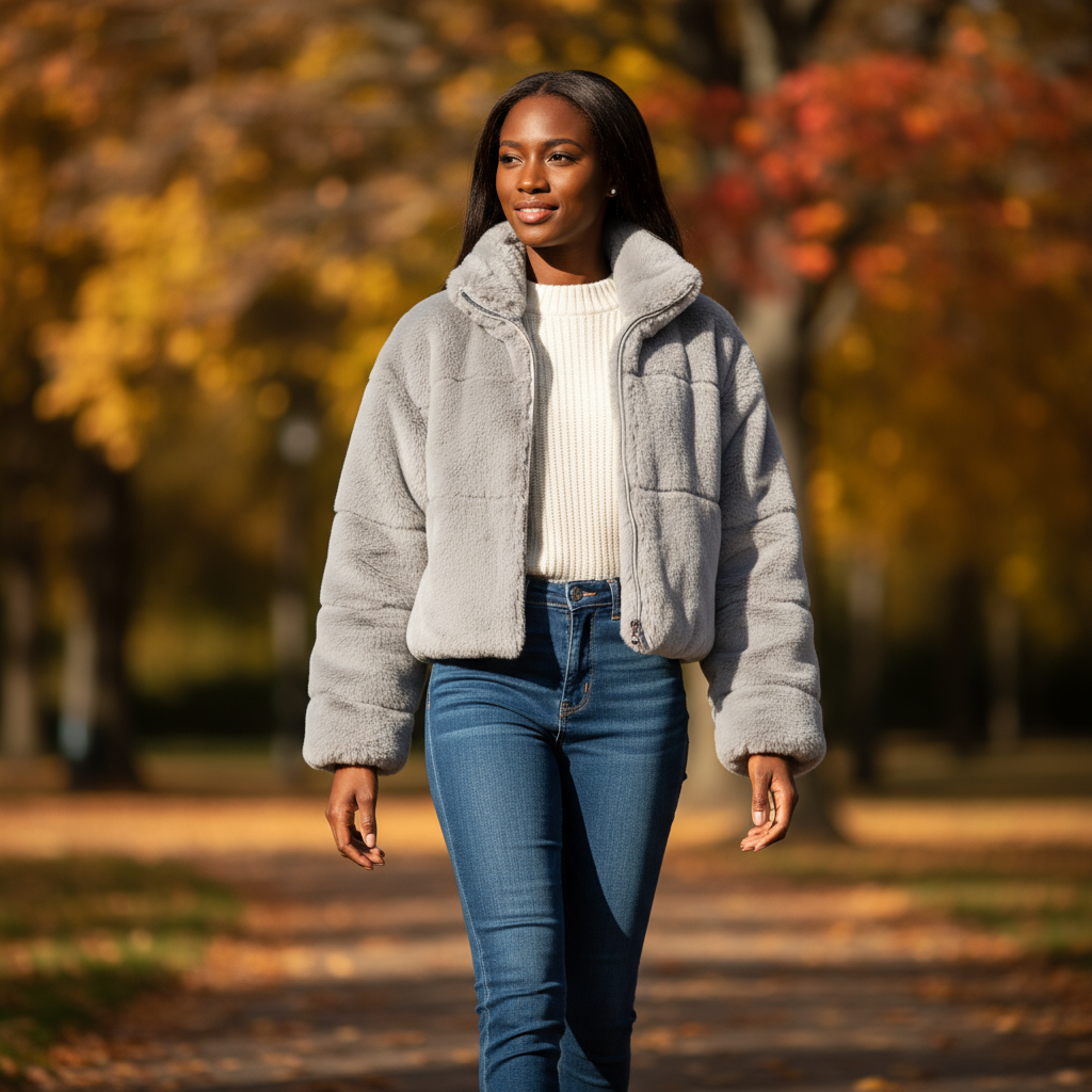 Woman in a gray jacket and blue jeans walking in an autumn park.