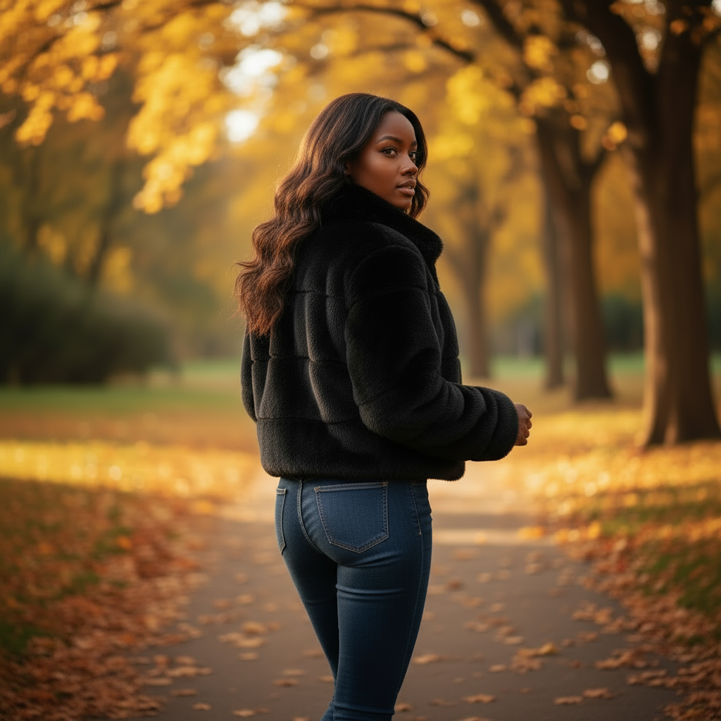 Woman in a black jacket and blue jeans standing in a park with autumn foliage.