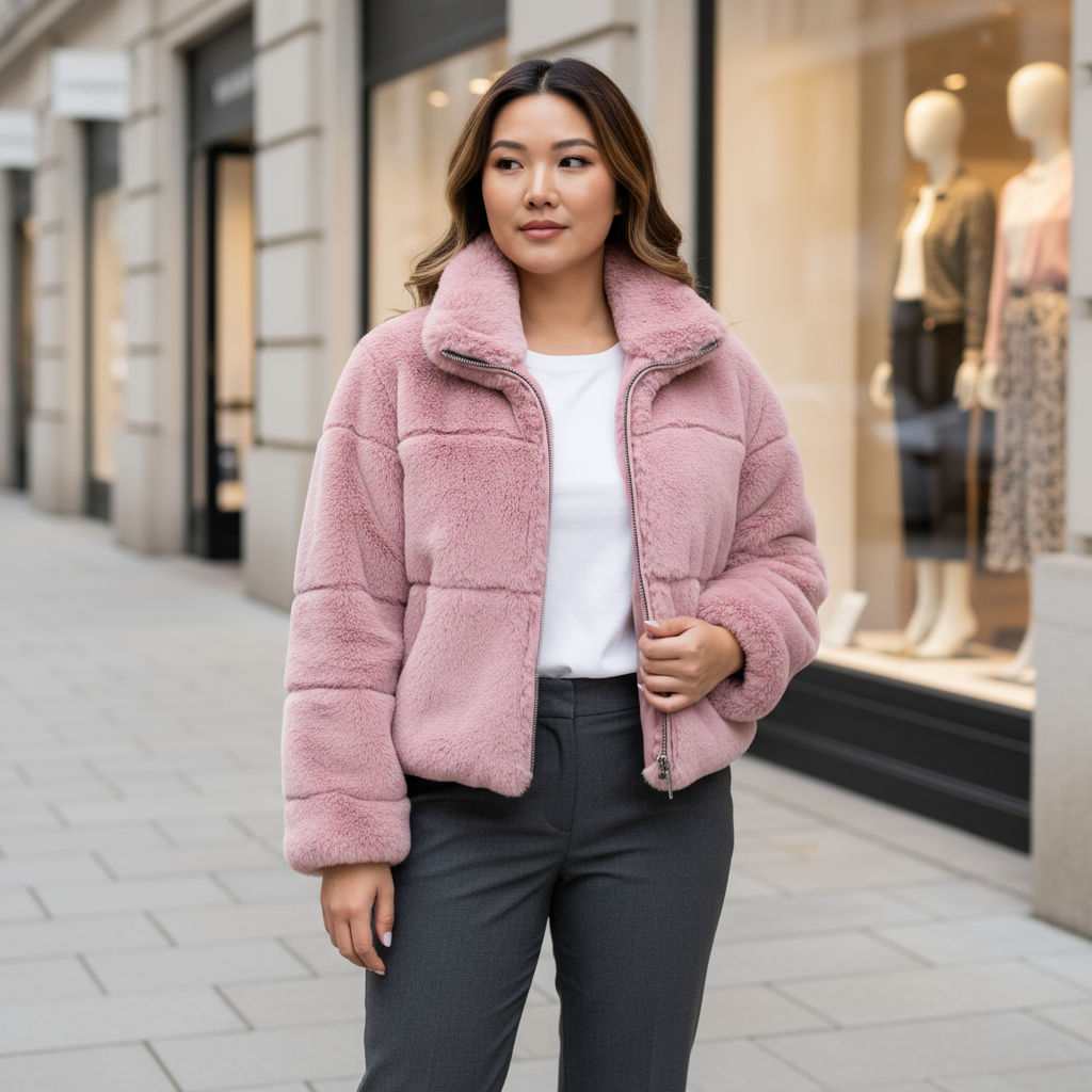 Woman wearing a pink puffer jacket on a city street