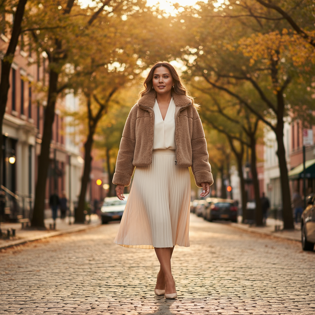 Woman walking on a cobblestone street lined with trees with autumn foliage.