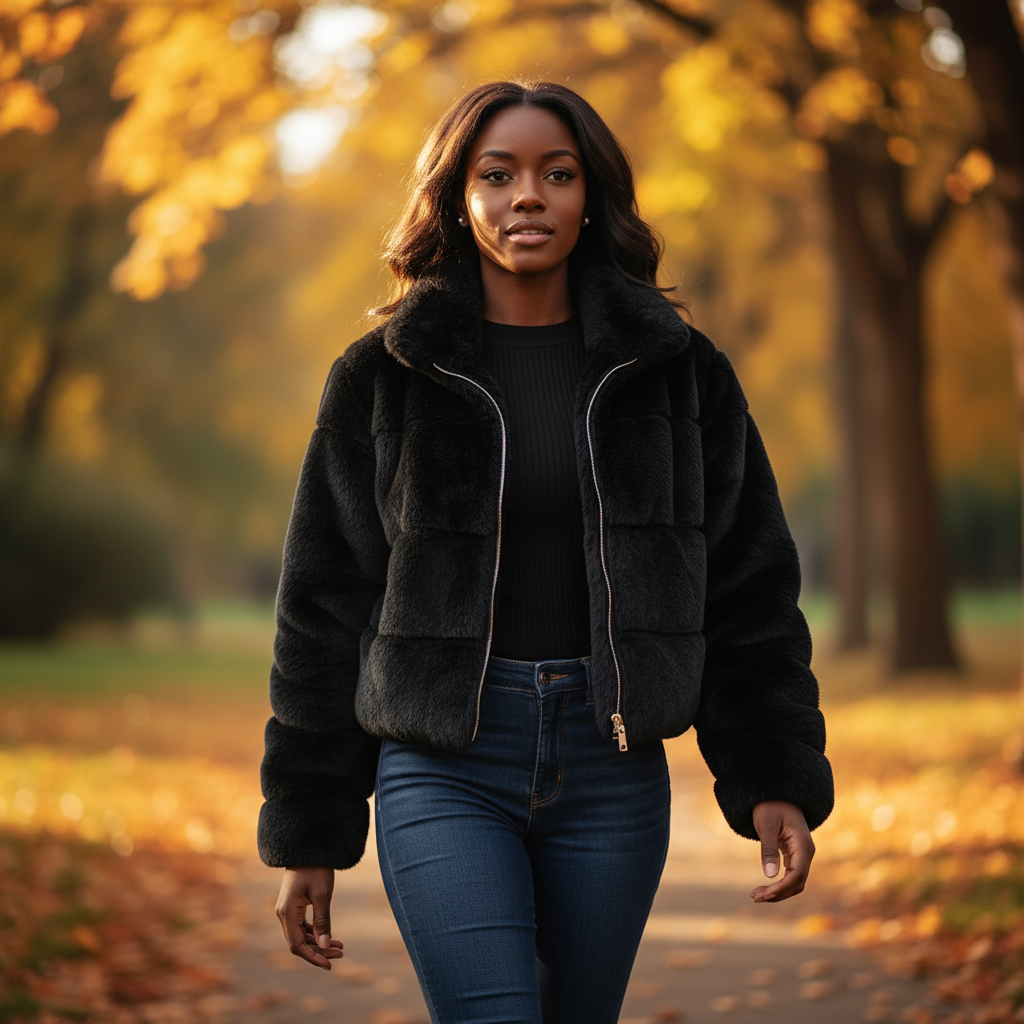 Woman in a black jacket and jeans standing in an autumn park.