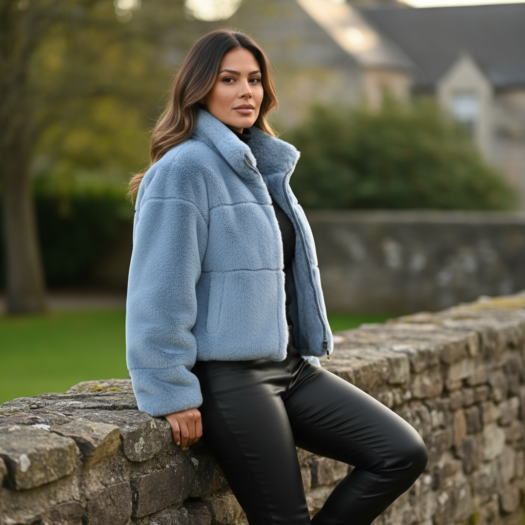 Woman wearing a light blue jacket and black pants leaning against a stone wall outdoors.