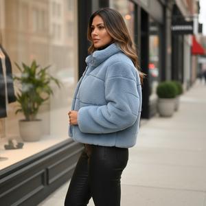 Woman wearing a light blue puffer jacket on a city street.