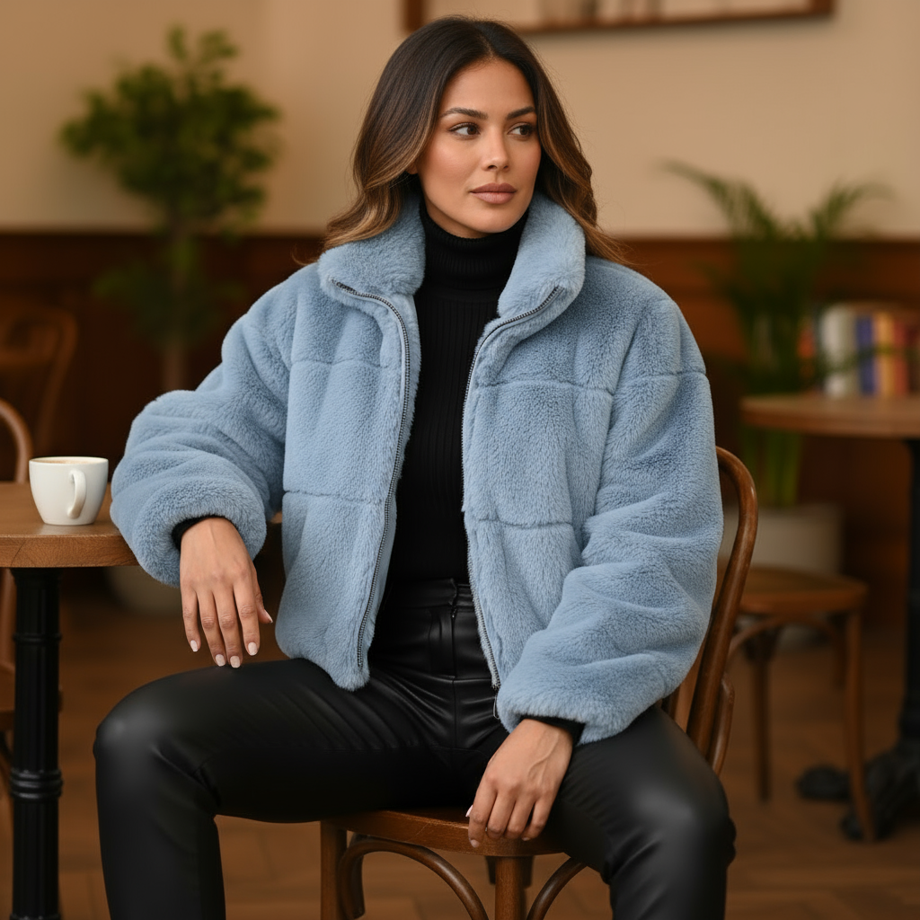 Woman wearing a blue fluffy jacket sitting in a cozy indoor setting.