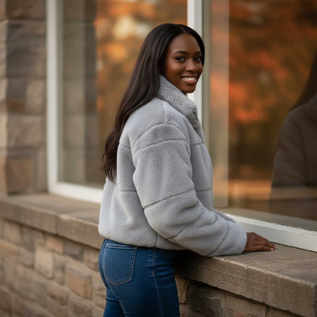 Woman wearing a gray fleece jacket and blue jeans standing outdoors.