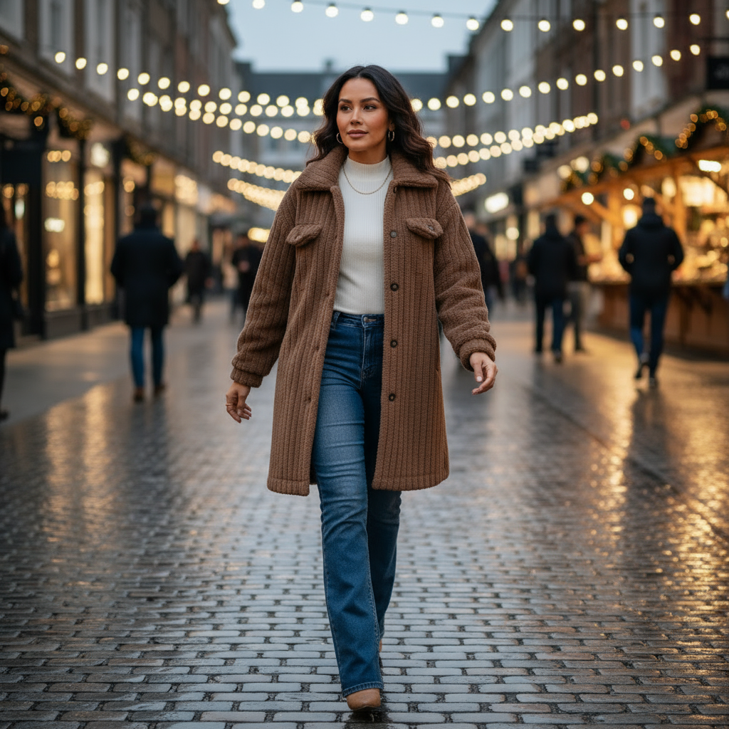 Woman walking on a cobblestone street with string lights above