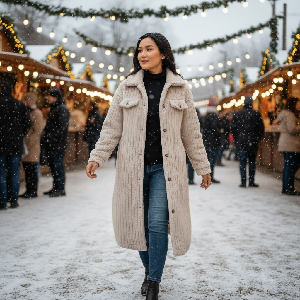 Woman in a long coat walking through a snowy outdoor market with lights and people in the background.