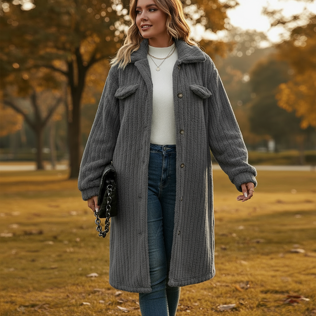 Woman wearing a long gray coat in an outdoor setting with trees and grass.