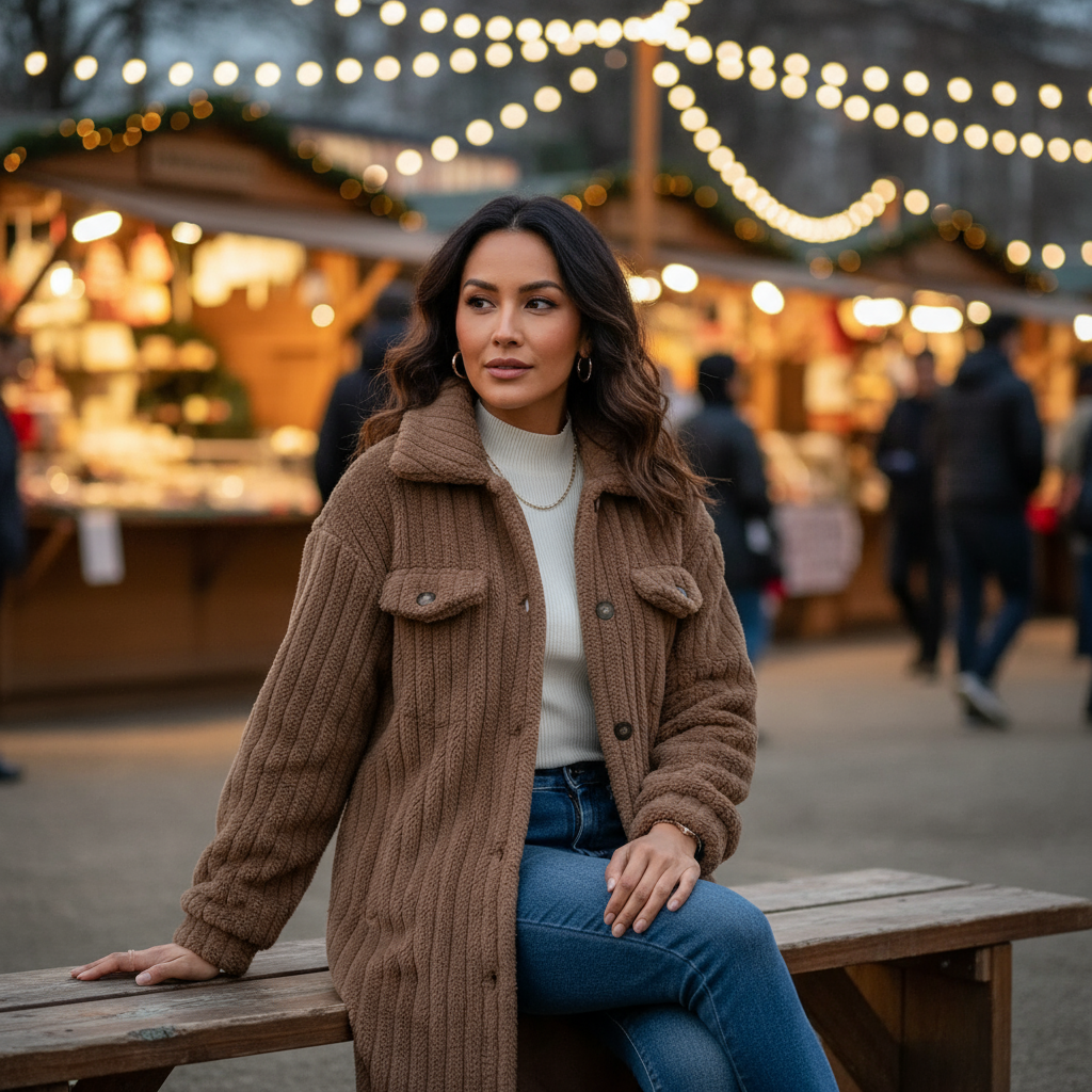Woman in a brown coat sitting on a wooden bench at a festive outdoor market.