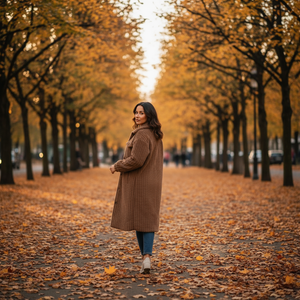 Woman in a long brown coat walking down a tree-lined street with autumn leaves.