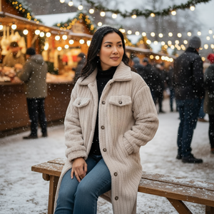 Woman in a beige coat sitting on a bench at a snowy outdoor market.