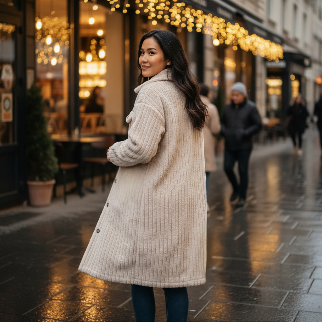 Woman in a long coat standing on a city street with blurred background