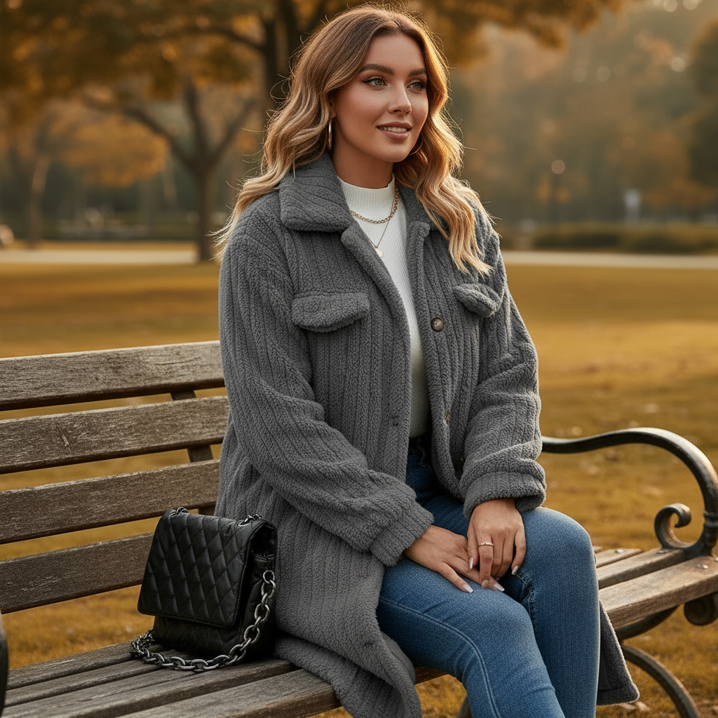 Woman sitting on a bench in a park wearing a gray coat and blue jeans.