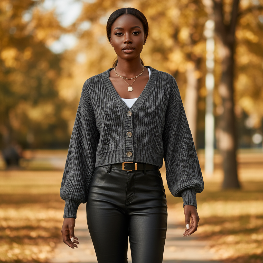 Woman wearing a gray cardigan and black pants in an outdoor setting with blurred trees in the background