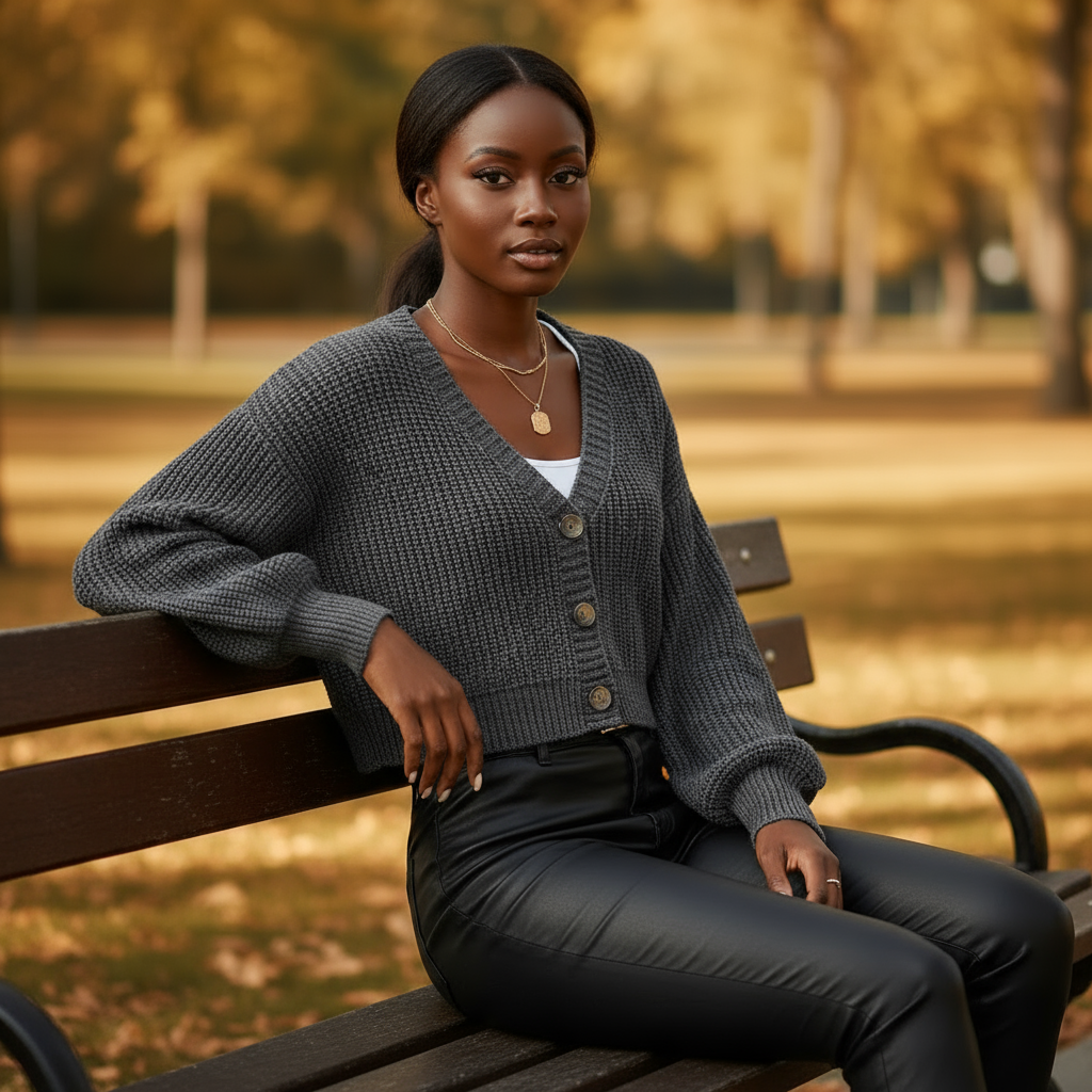 Woman sitting on a bench in a park wearing a gray cardigan.