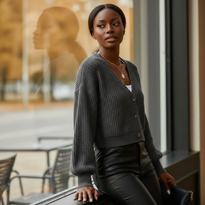 Woman in a gray cardigan standing by a window with a blurred outdoor background