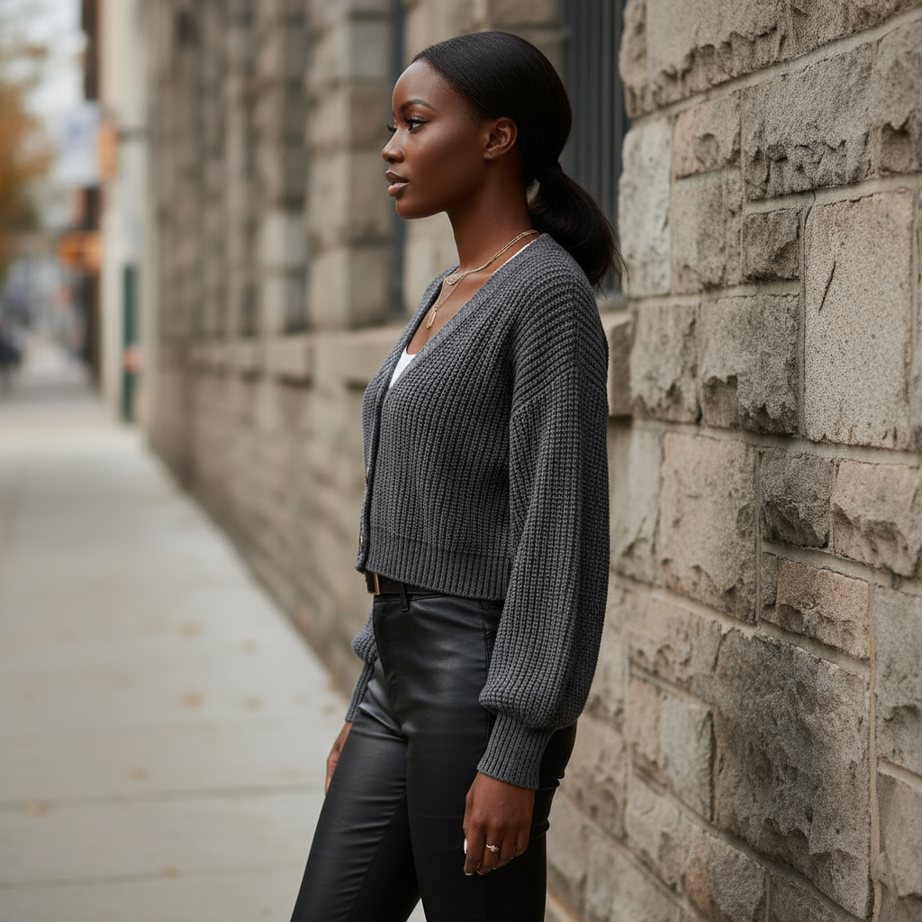 Woman in a gray sweater and black pants leaning against a stone wall on a city street.