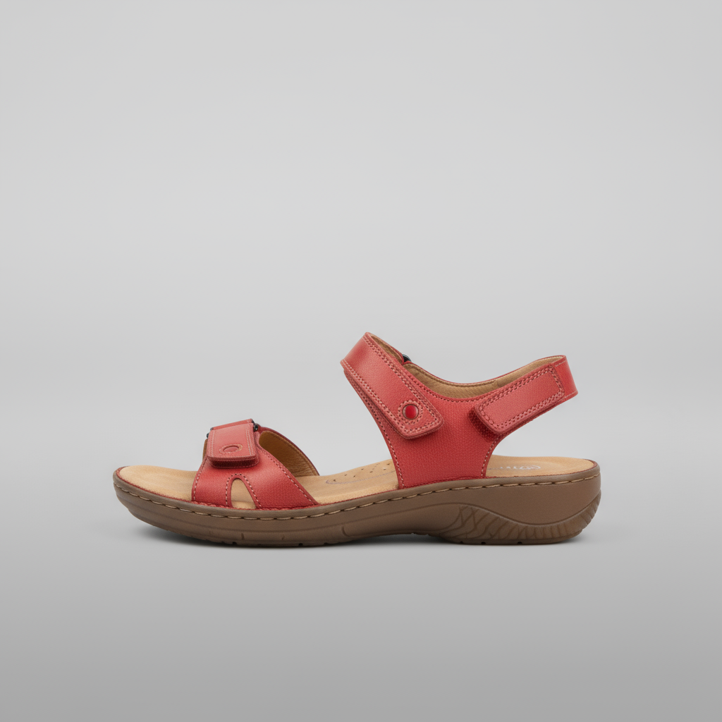 Red sandal with a brown sole on a gray background