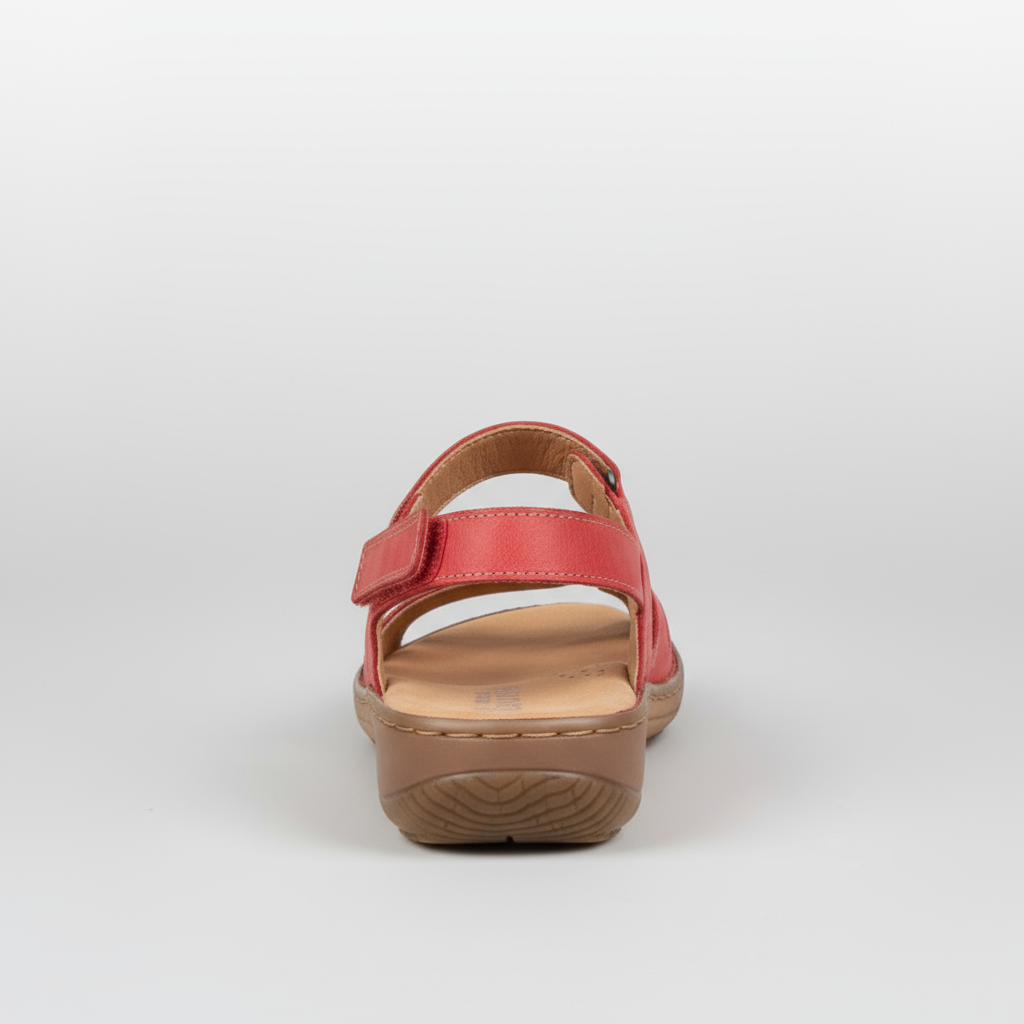 Red sandal with a brown sole on a white background