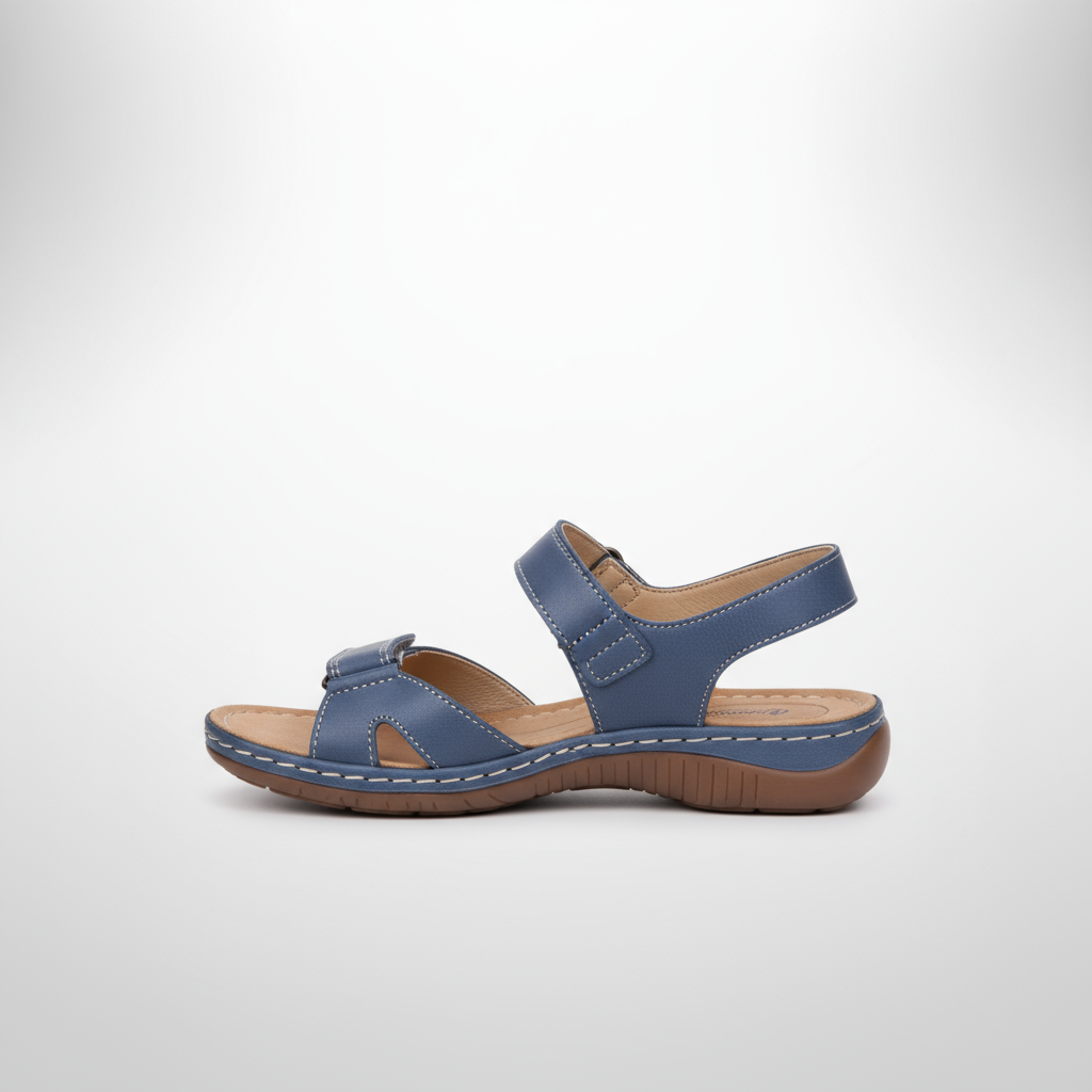 Blue sandal with brown sole on a white background