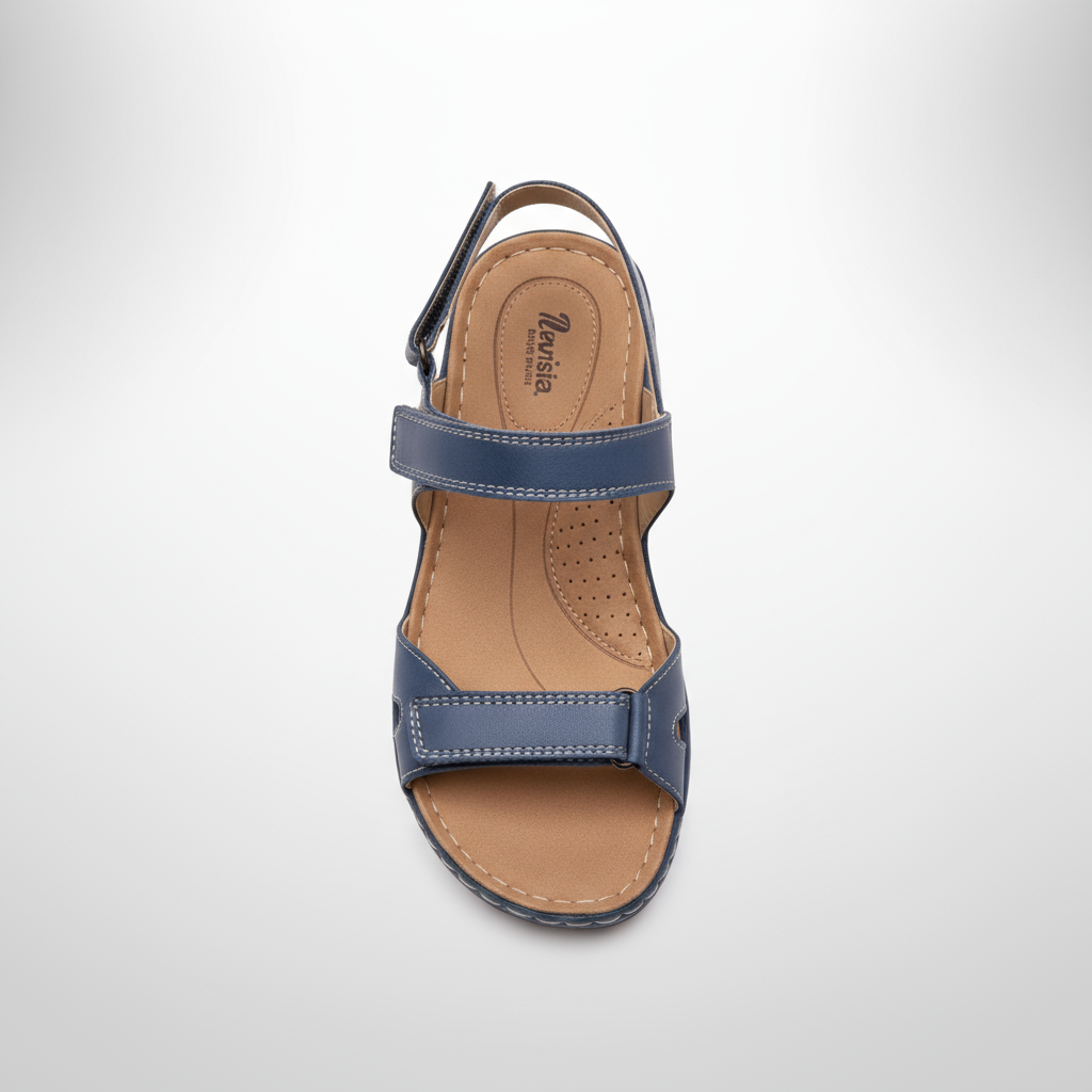 Blue sandal with a tan insole on a white background