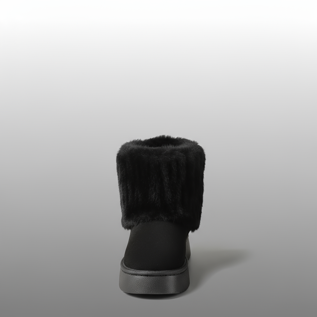 Black fur-trimmed boot on a gray background