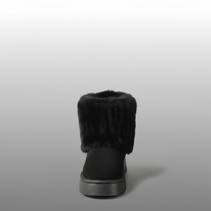 Black fur-trimmed boot on a gray background