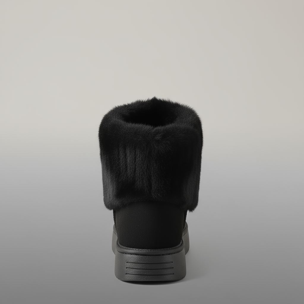 Black ankle boot with fuzzy texture on a gray background