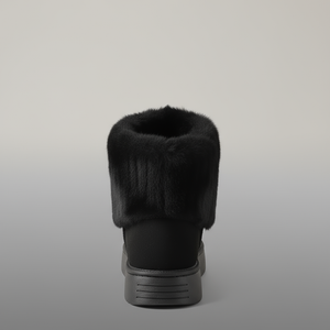 Black ankle boot with fuzzy texture on a gray background