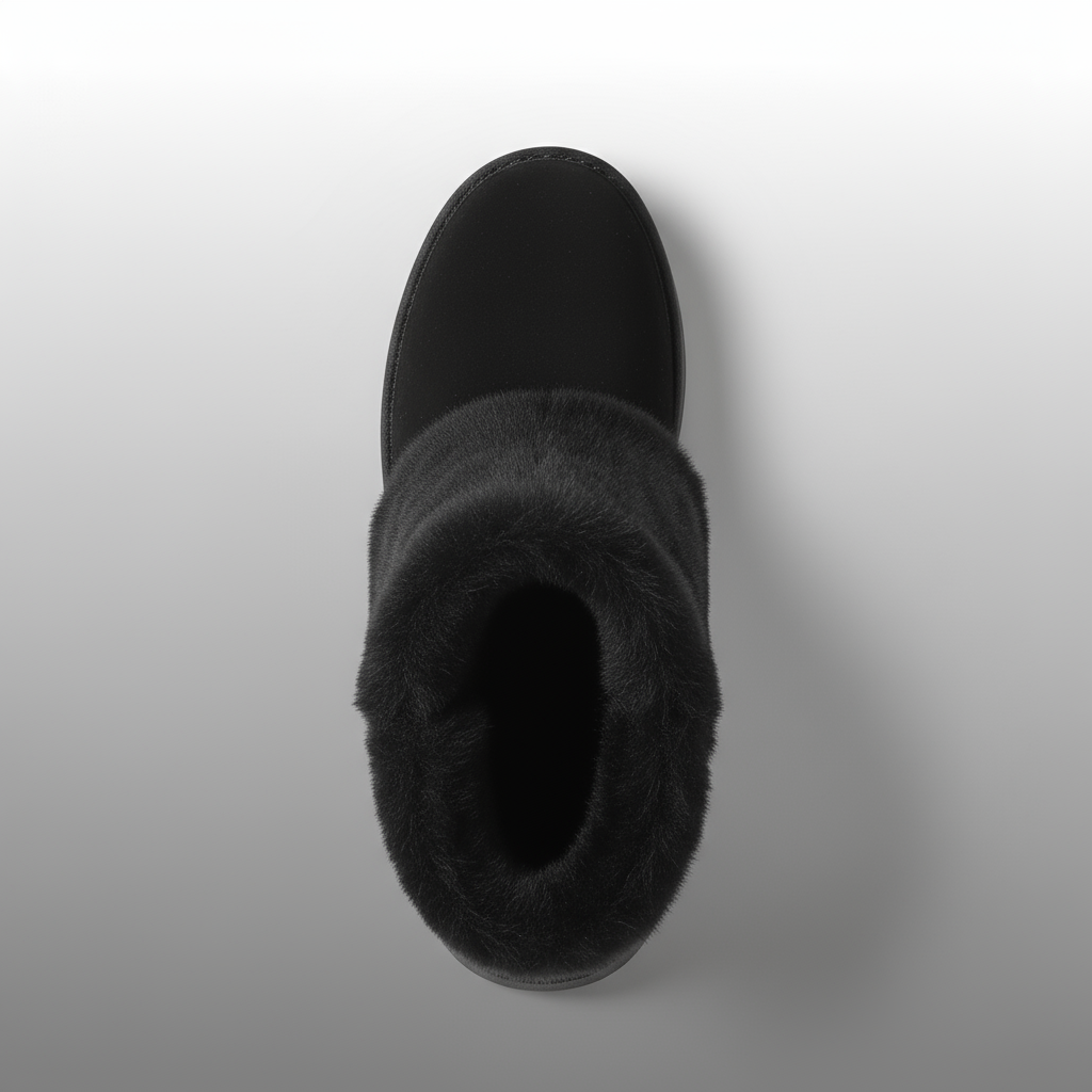 Black suede ankle boot with fur trim on a light gray background