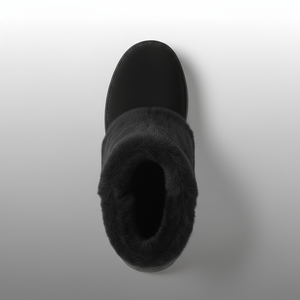 Black suede ankle boot with fur trim on a light gray background