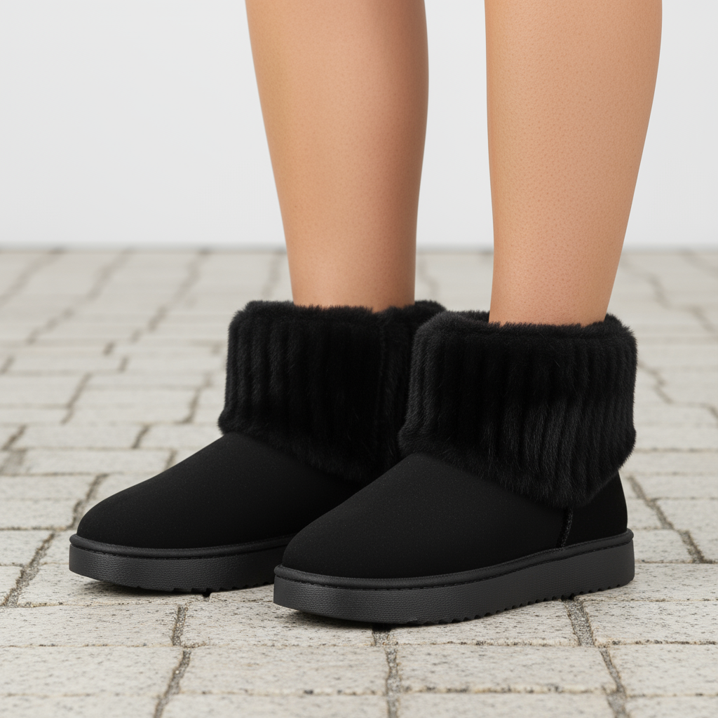 Black slip-on boots with fuzzy texture worn by a person on a stone pavement.