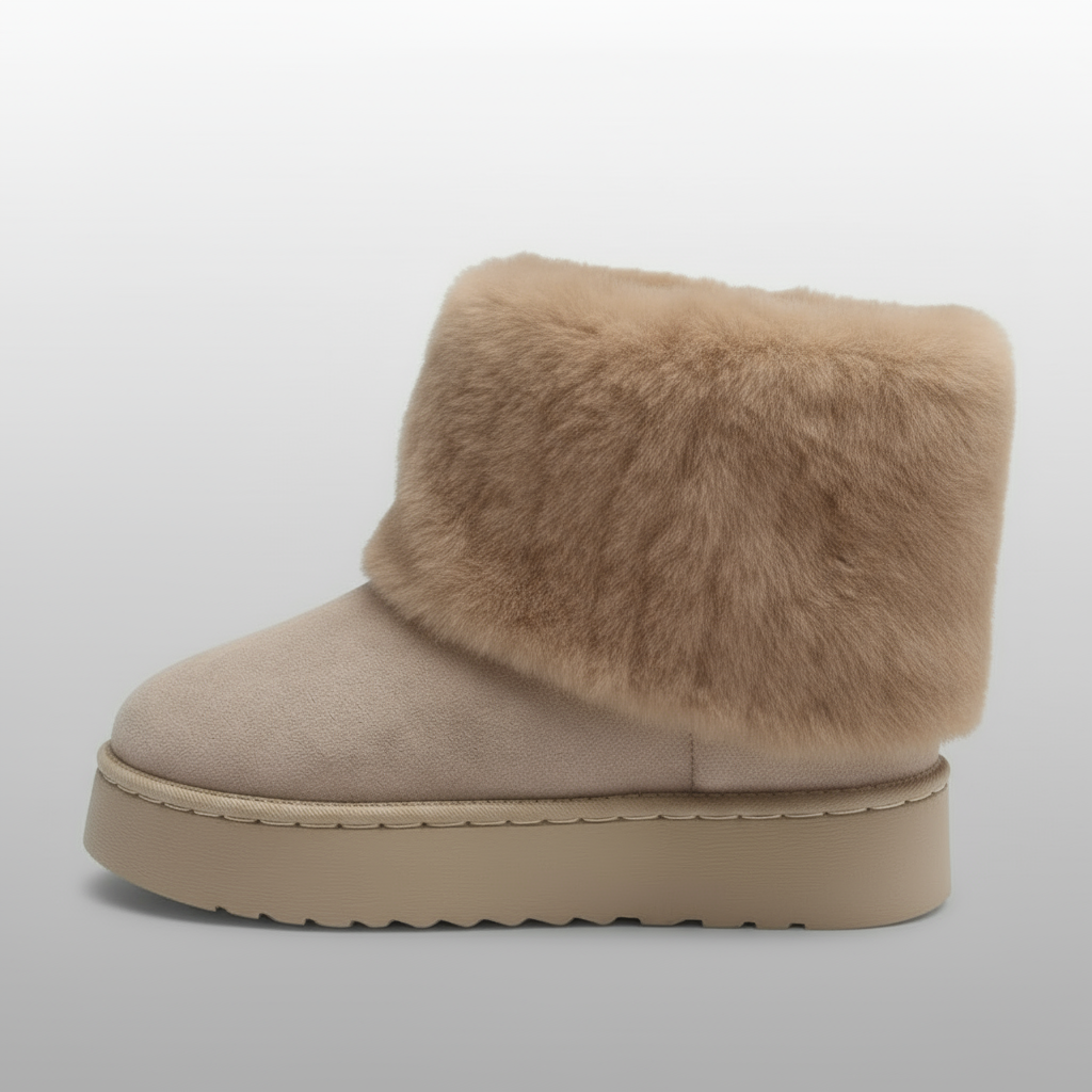 Beige boot with fur trim on a light gray background