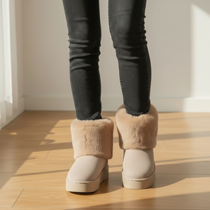 Beige winter boots with fur trim worn indoors on a wooden floor.