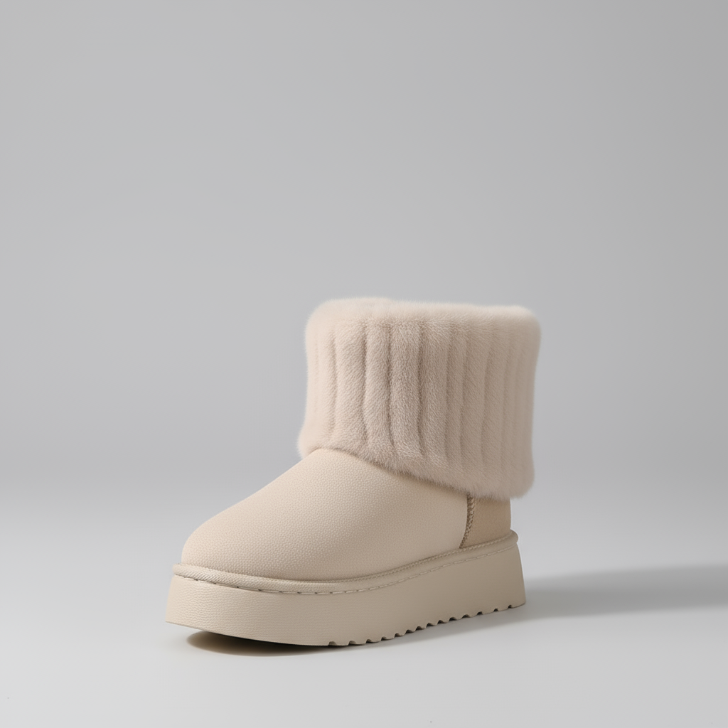 Beige winter boot with knitted cuff on a light gray background