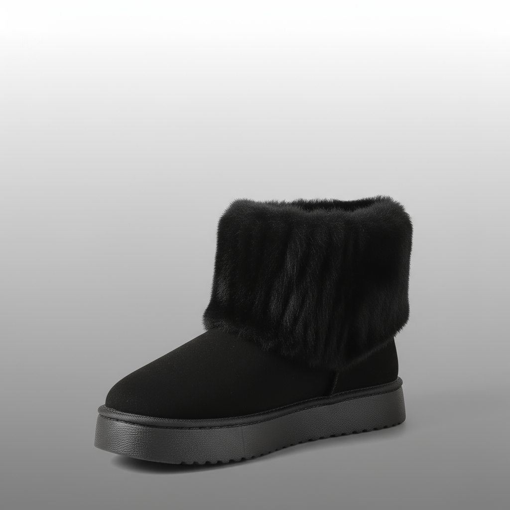 Black ankle boot with fur trim on a gray background