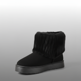 Black ankle boot with fur trim on a gray background
