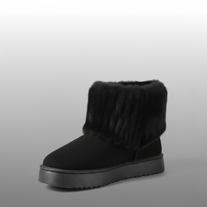 Black ankle boot with fur trim on a gray background