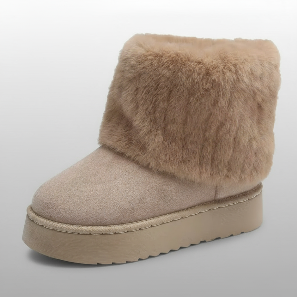 Beige winter boot with fur cuff on a light gray background